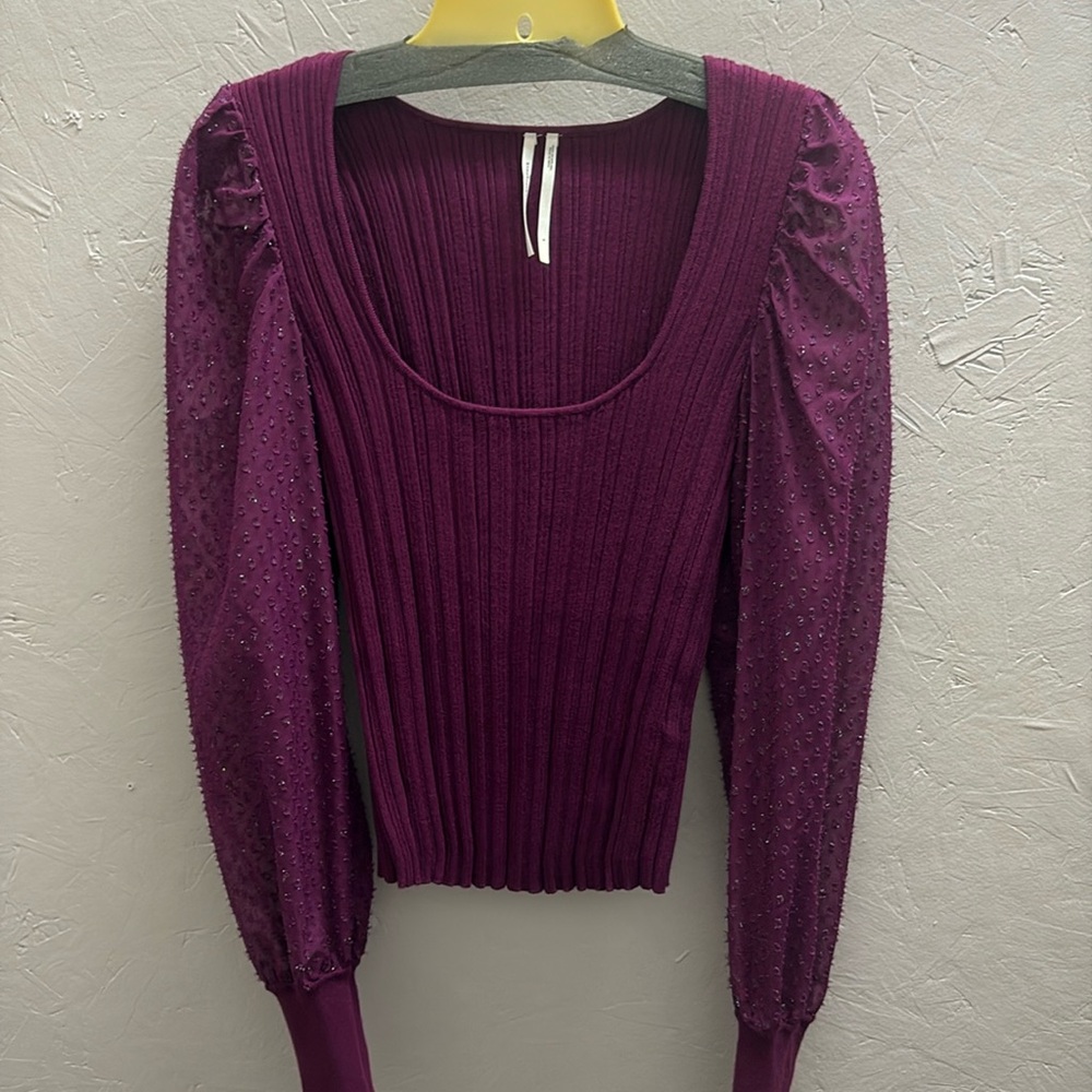 Anthropologie puff long sleeve, shimmer blouse, plum color, size small